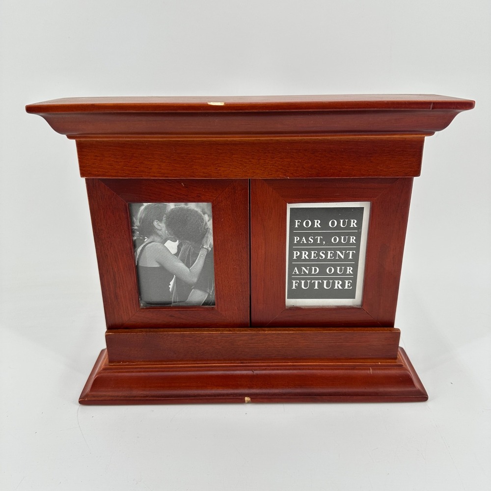Wooden Mantel Triple Picture Frame Sliding Door Cherry Finish Tabletop Decor